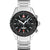 Herren-Chronograph mit Edelstahlarmband, schwarzem Zifferblatt und Tachymeter-Lünette, rote Akzente