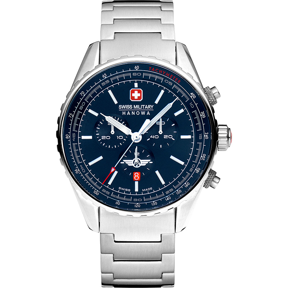 Herren-Chronograph mit blauem Zifferblatt, Edelstahlarmband und drei Hilfszifferblättern