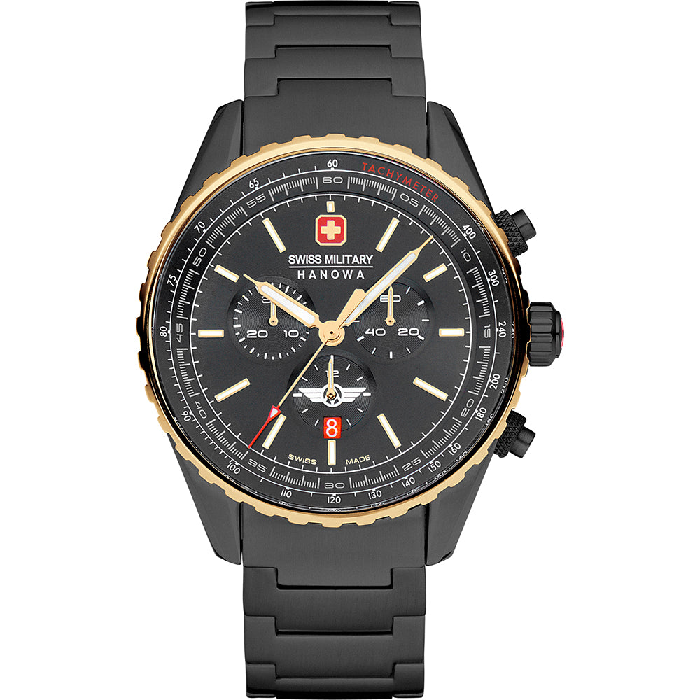 Herren-Chronograph mit Edelstahlgehäuse, schwarzem Zifferblatt und schwarzen Gliederband