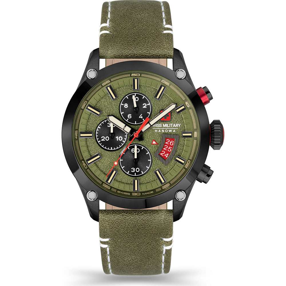 Herren-Armbanduhr mit schwarzem Gehäuse, grünem Zifferblatt, Chronograph-Subdials und Lederriemen