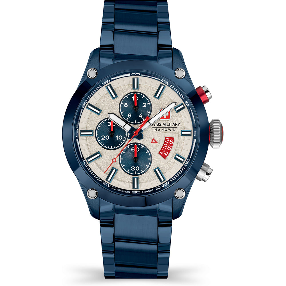 Herren-Chronograph Armbanduhr mit blauem Zifferblatt und Metallarmband, Edelstahlgehäuse