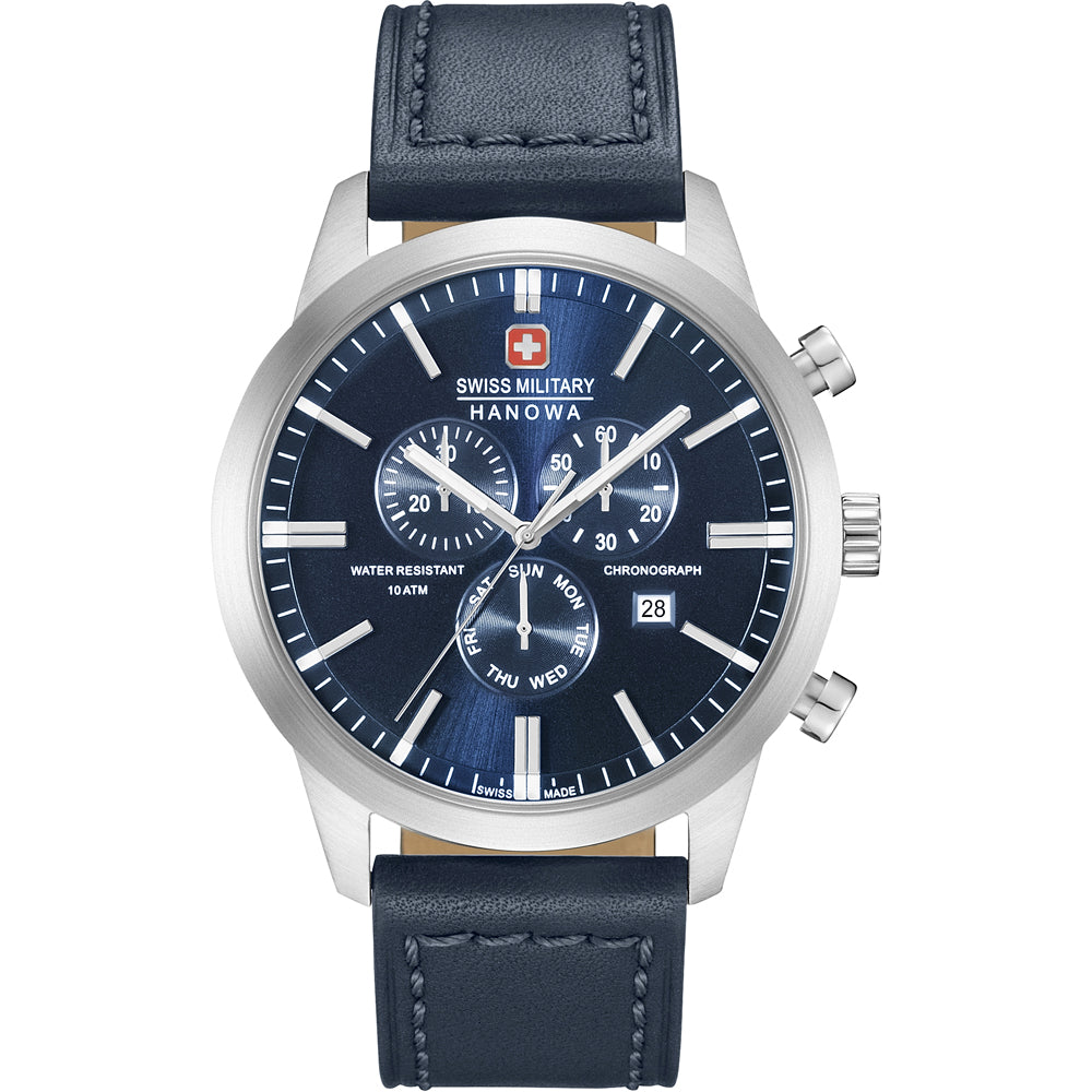 Herrenarmbanduhr: Chronograph mit schwarzem Ziffernblatt, Lederband und Edelstahlgehäuse