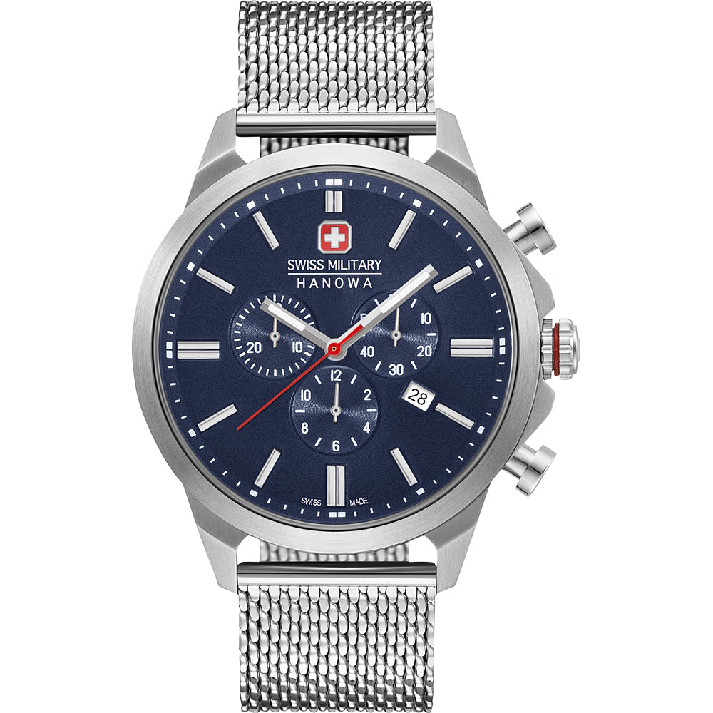 Herrenchronograph Swiss Military Hanowa mit blauem Zifferblatt, Chrono-Subdials und Metallarmband