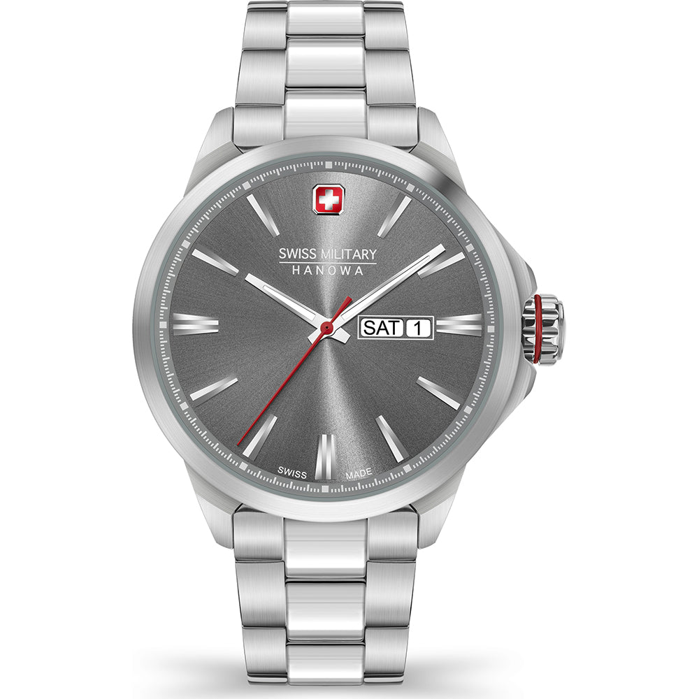 Herrenarmbanduhr mit grauem Zifferblatt, Tages-/Datumsanzeige und Edelstahlarmband