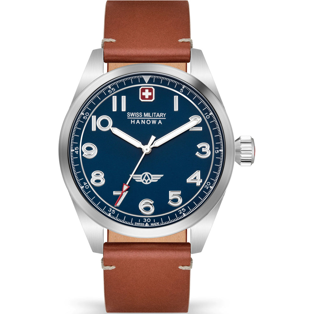 Swiss Military Hanowa Herrenarmbanduhr mit blauem Zifferblatt und braunem Lederband