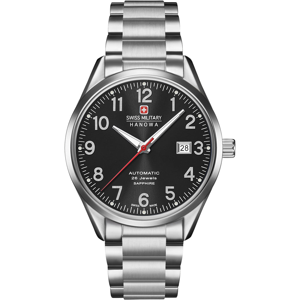 Herrenarmbanduhr von Swiss Military Hanowa mit Stahlband, dunklem Zifferblatt, Datum bei 3