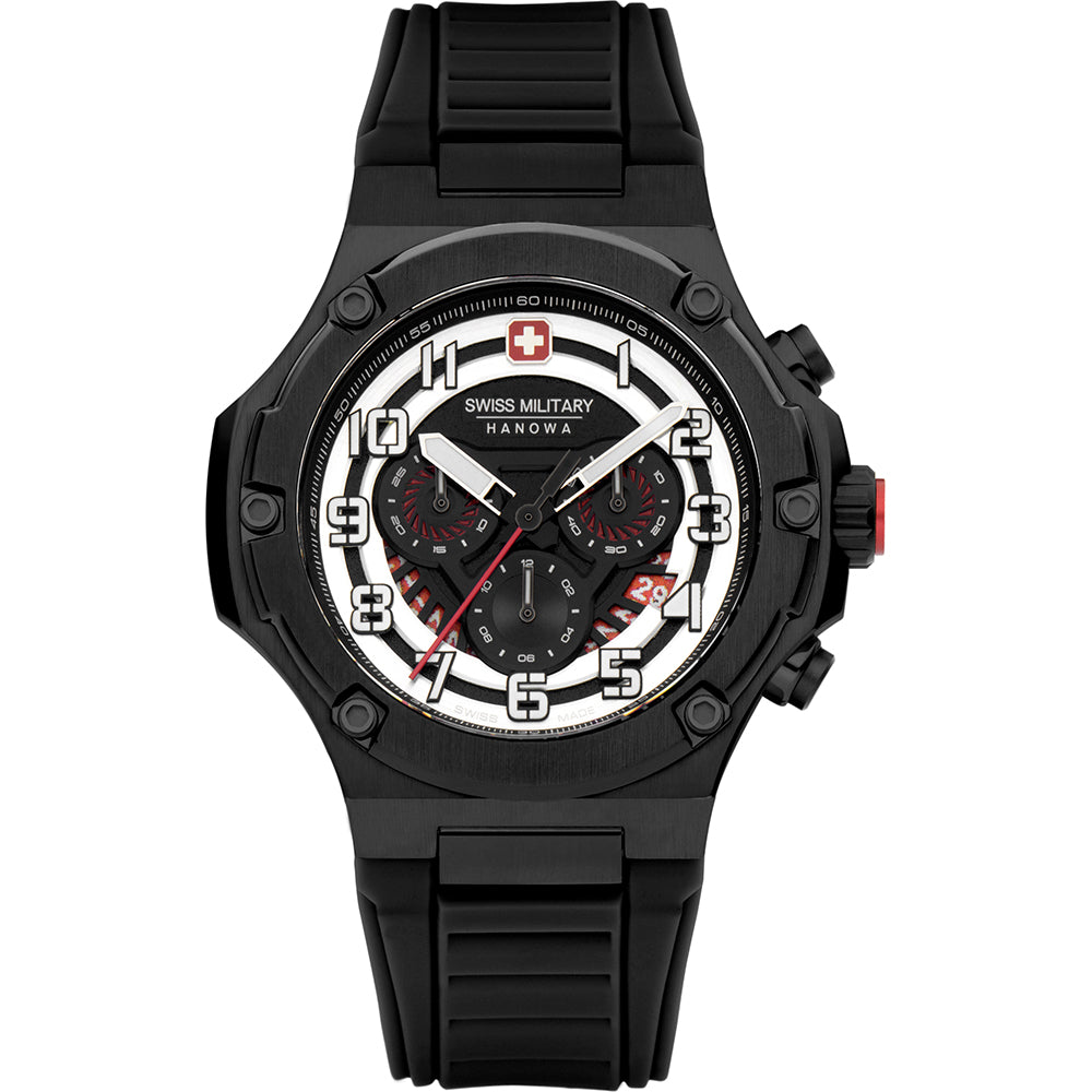 Swiss Military Hanowa Herrenuhr Air Mission X4 mit schwarzem Zifferblatt, roten Akzenten und Kautschukarmband