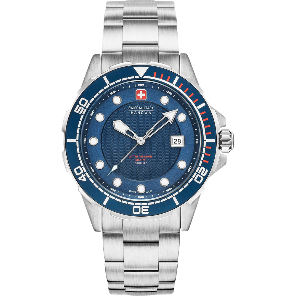Herrenarmbanduhr Swiss Military Hanowa mit blauem Zifferblatt, Edelstahlband und Datumsfenster