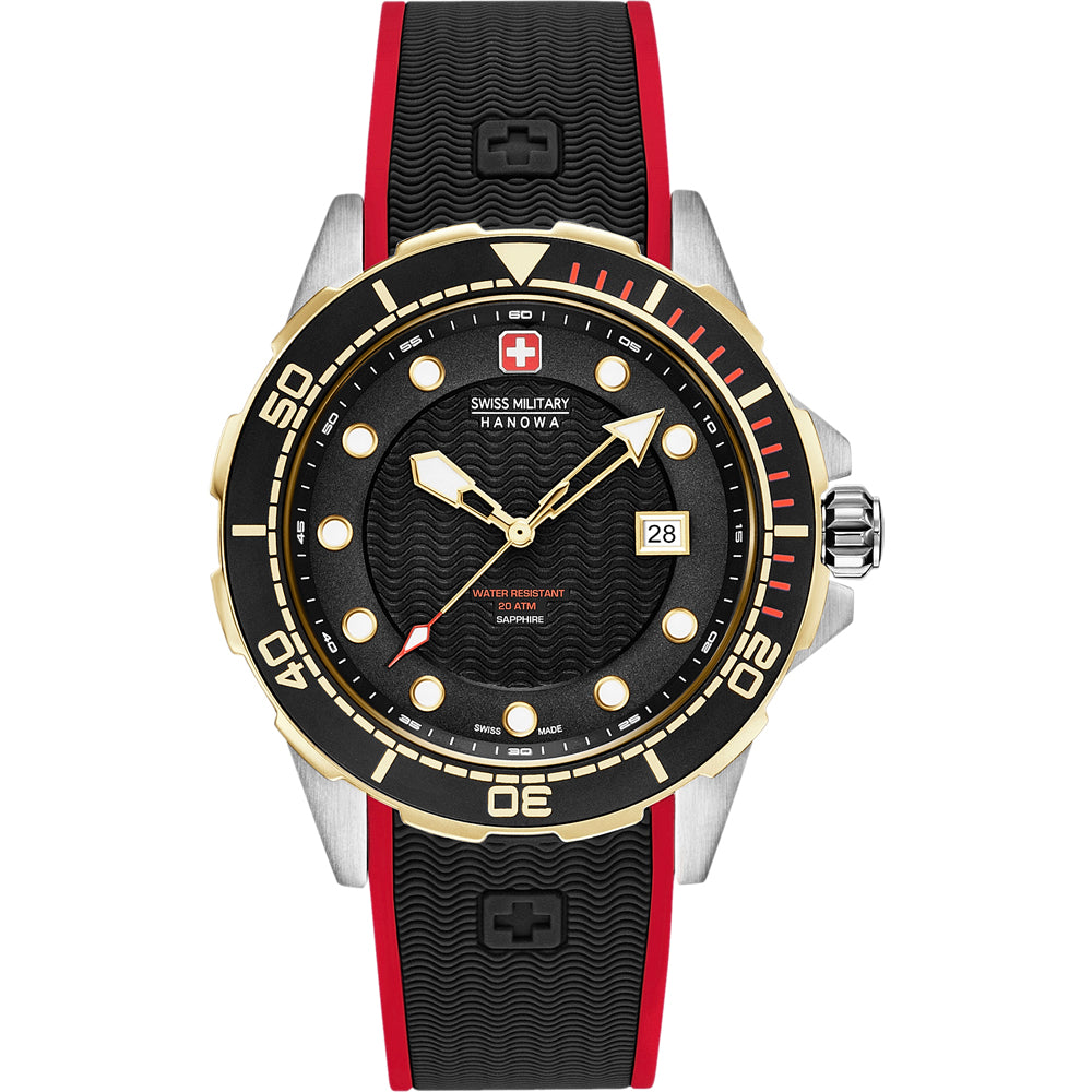 Swiss Military Hanowa Diver Herrenuhr: schwarzes Zifferblatt, Datumsfenster, rotes Band