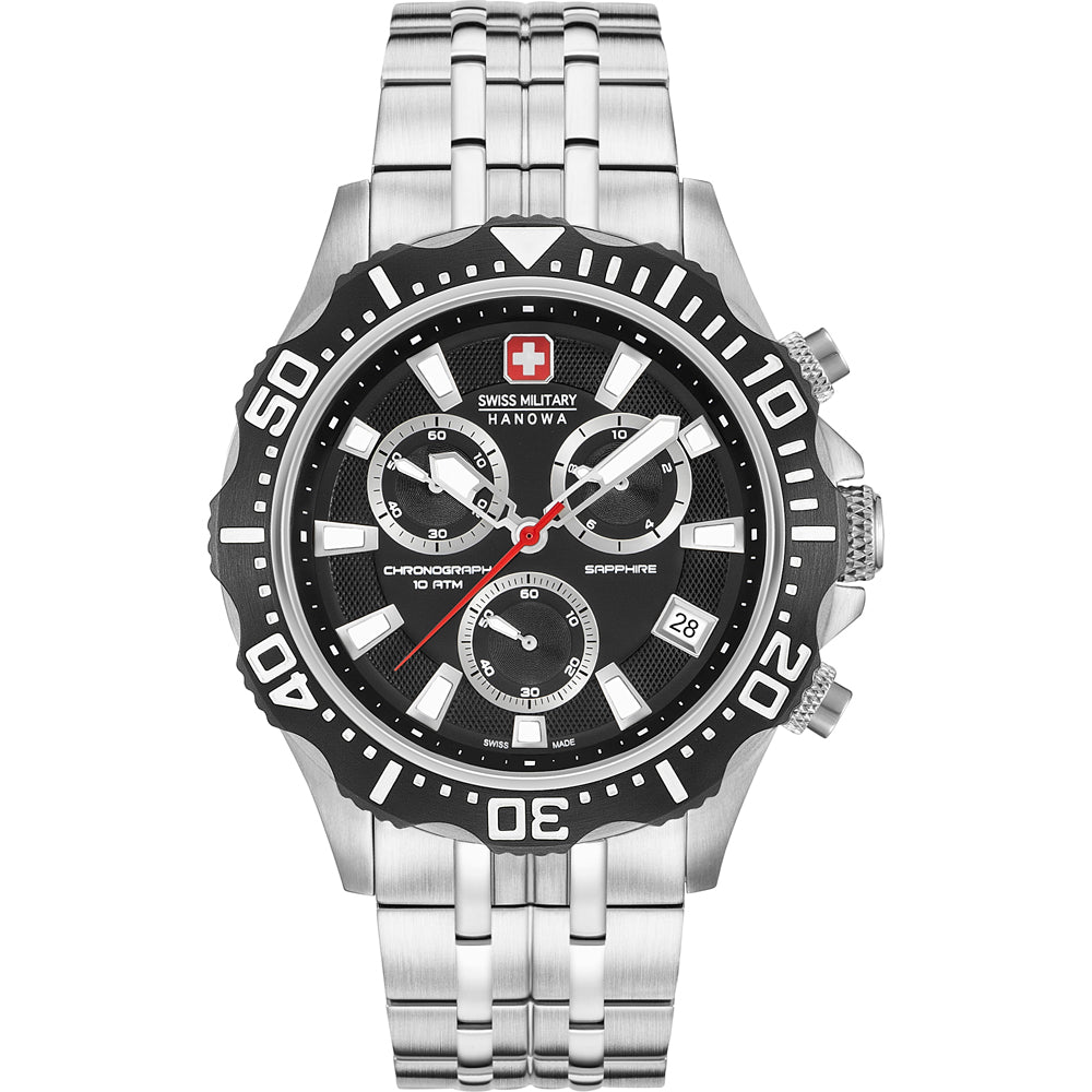 Armbanduhr Swiss Military Hanowa mit schwarzem Zifferblatt, Stahlsband, Chronograph und roter Hand