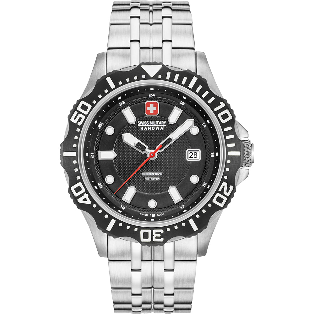 Swiss Military Hanowa Herren-Sportuhr, schwarz, Stahlband, Datum 28, rote Zeiger