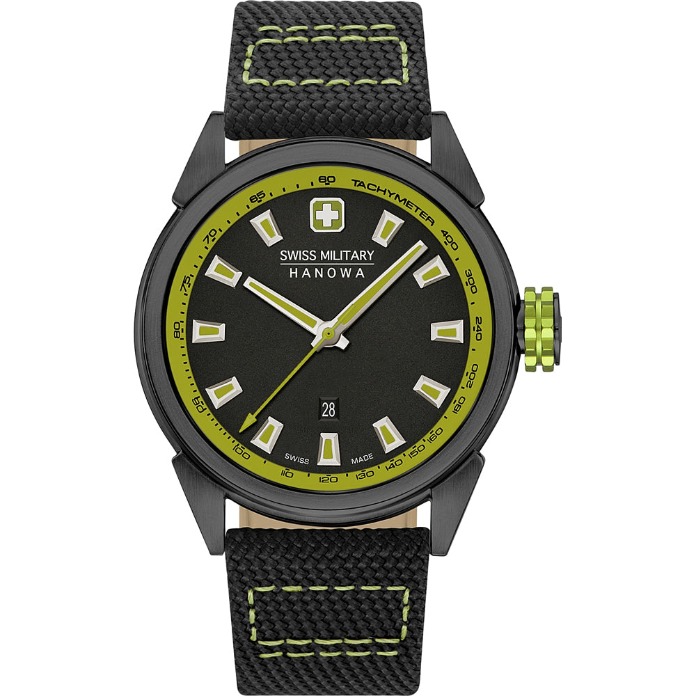 Herrenarmbanduhr Swiss Military Hanowa mit schwarzem Lederarmband und grünem Zifferblatt