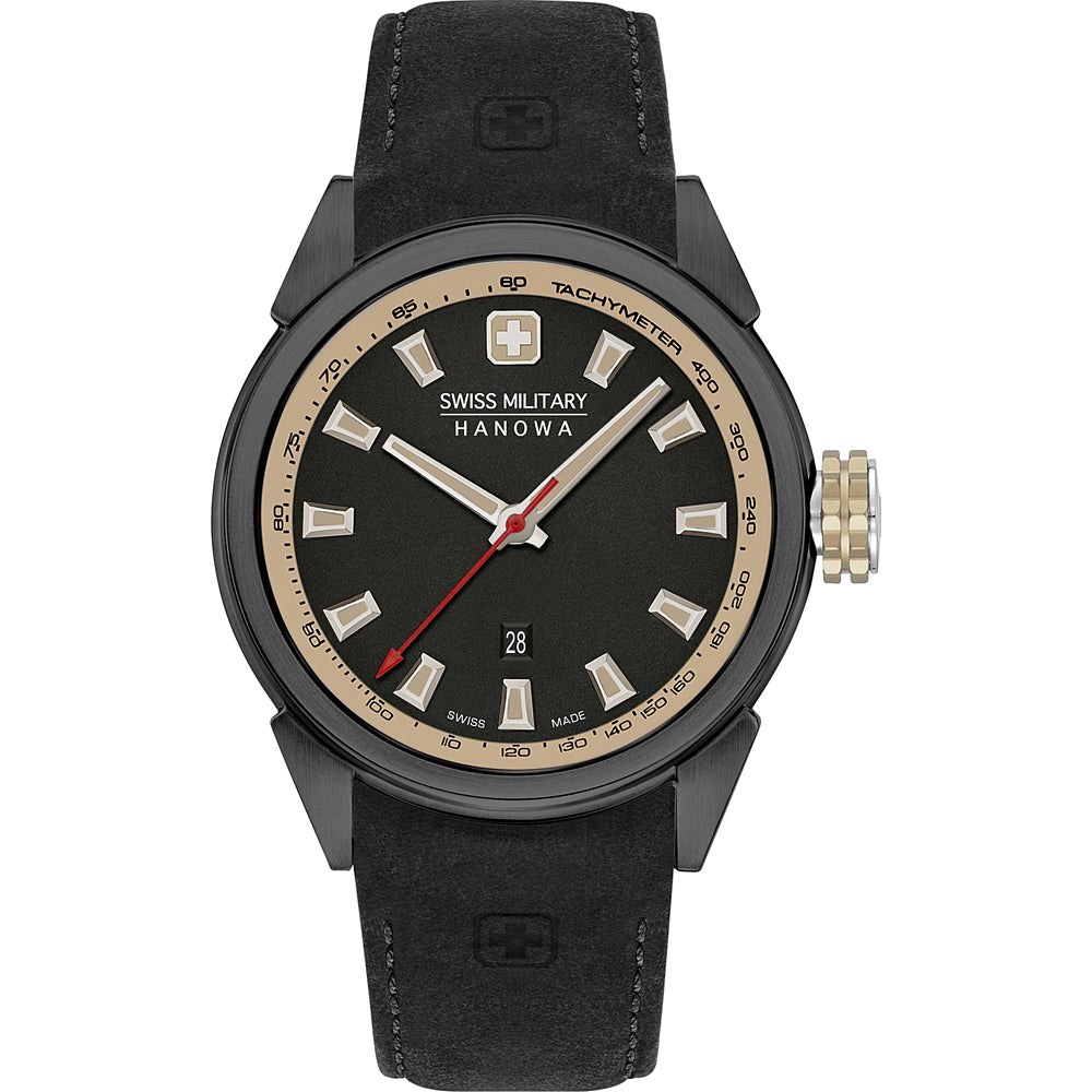 Herrenarmbanduhr Swiss Military Hanowa mit schwarzem Zifferblatt, Lederband und Tachymeter-Ring.