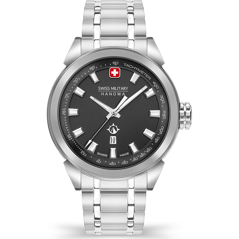 Swiss Military Hanowa Herrenuhr mit silbernem Edelstahlarmband und rundem schwarzem Zifferblatt