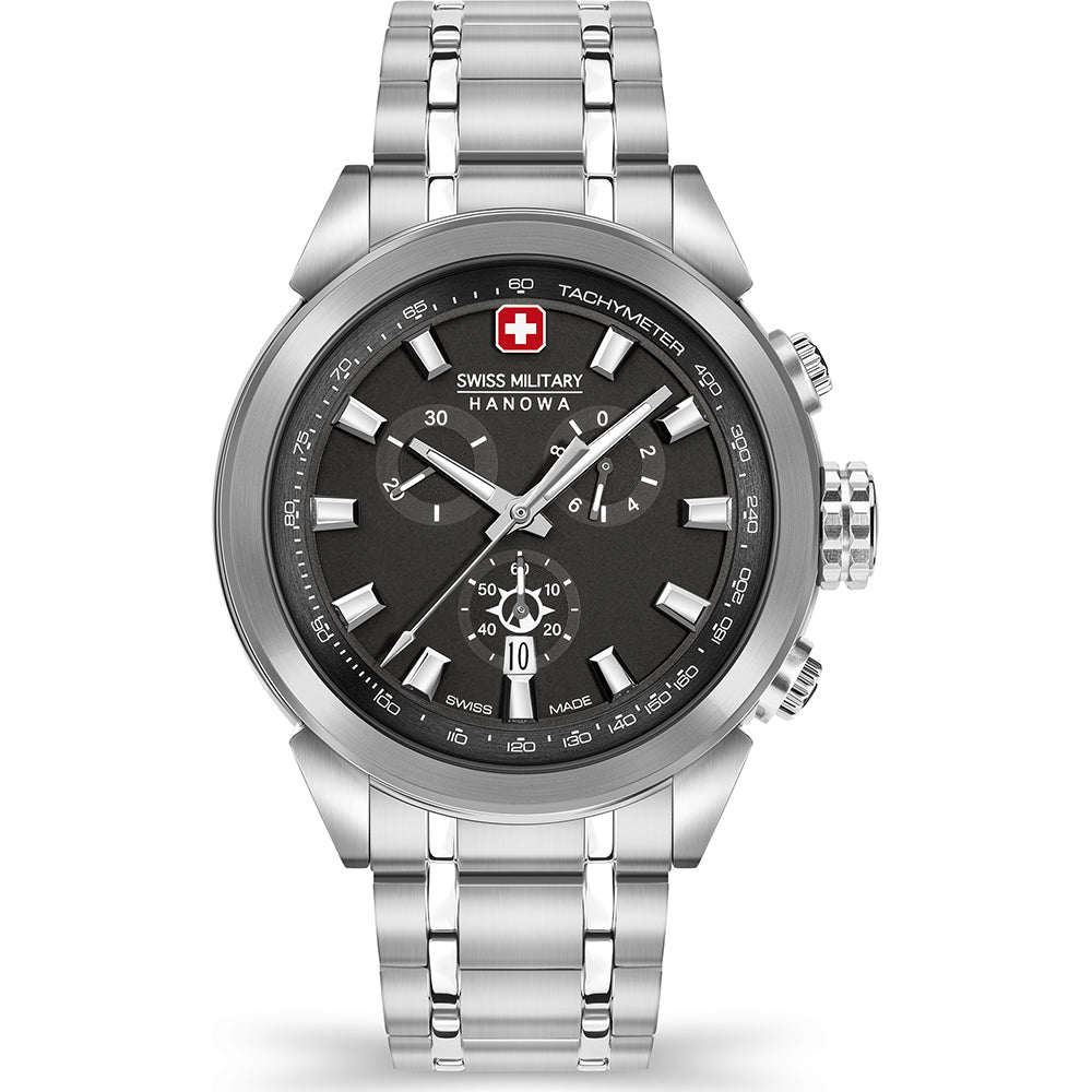 Swiss Military Hanowa Herrenuhr Land Platoon mit schwarzem Zifferblatt und Metallband