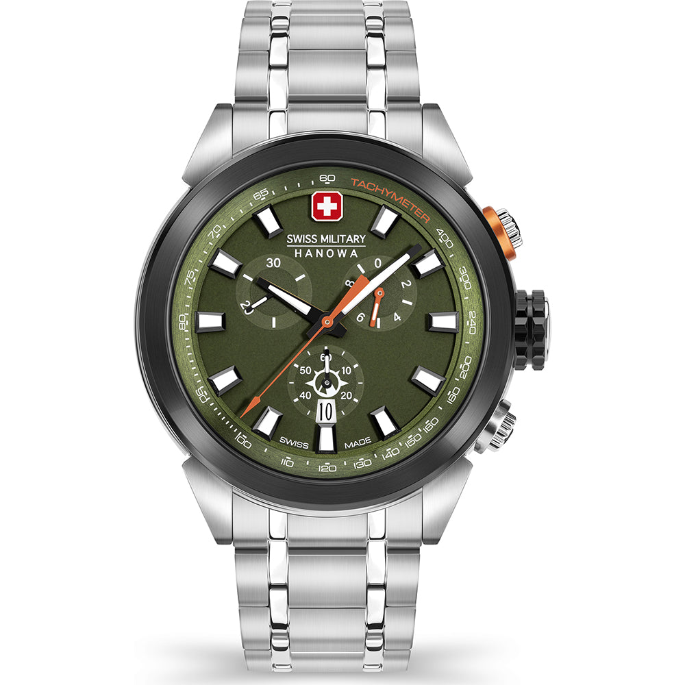 Herrenarmbanduhr mit Edelstahlband, rundem Gehäuse und grünem Zifferblatt mit Tachymeter.