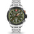 Herrenarmbanduhr mit Edelstahlband, rundem Gehäuse und grünem Zifferblatt mit Tachymeter.