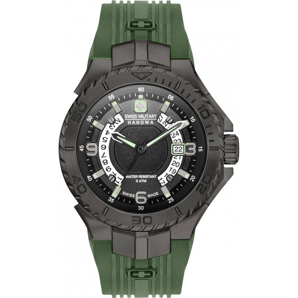 Swiss Military Hanowa Herrenuhr mit grünem Silikonarmband und schwarzem Zifferblatt