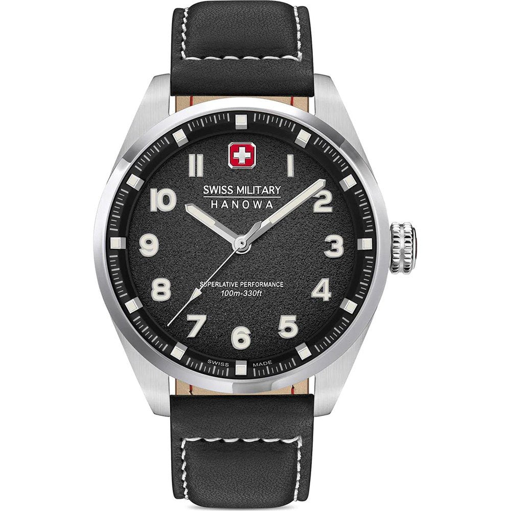 Swiss Military Hanowa Herrenuhr: schwarzes Zifferblatt, Edelstahlgehäuse, Lederarmband