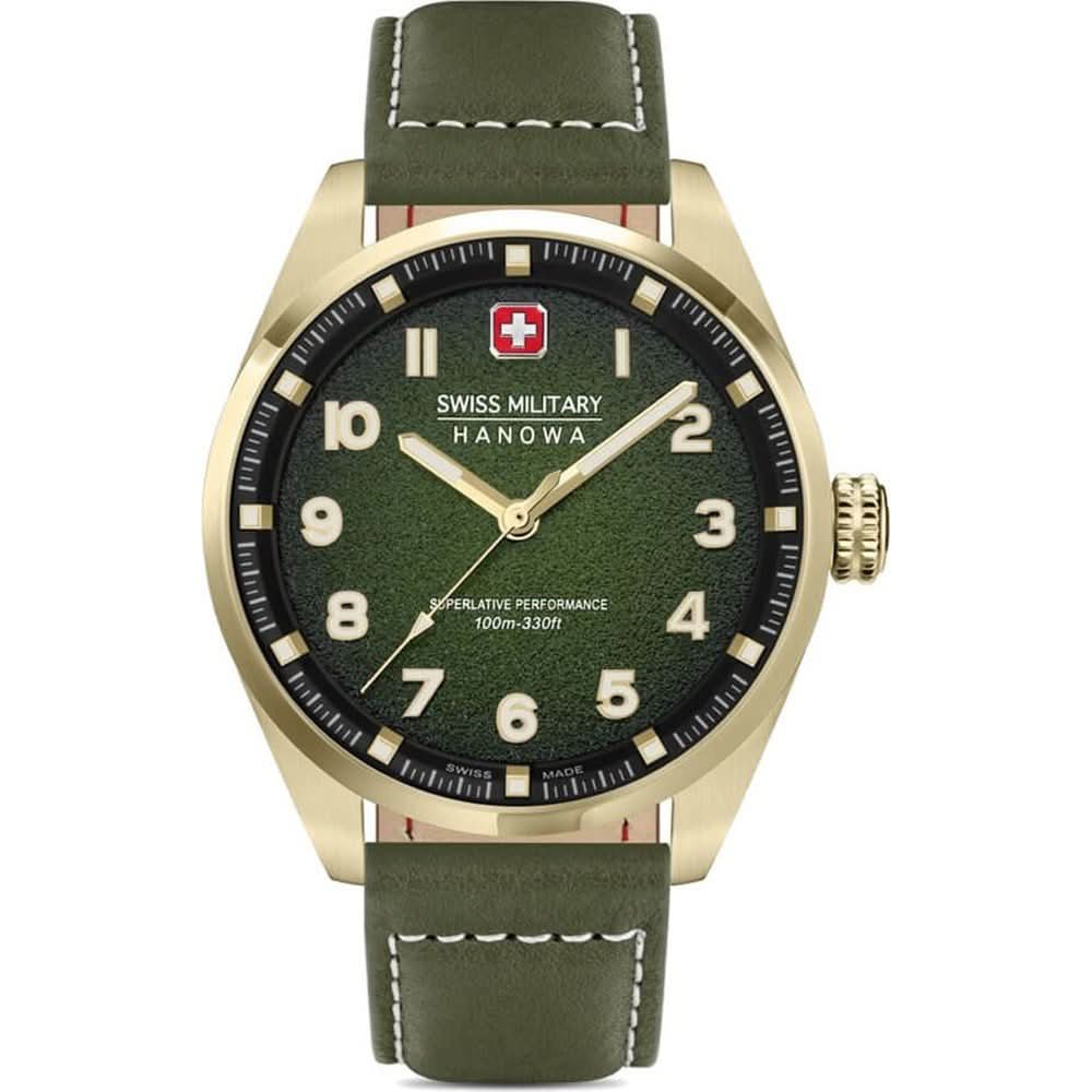 Herrenarmbanduhr mit Quarzwerk, Edelstahlgehäuse, dunkelgrünem Lederband und schwarzem Zifferblatt