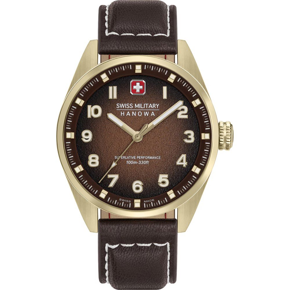 Sportliche Herrenuhr mit braunem Lederarmband, rundem Goldgehäuse und dunklem Zifferblatt