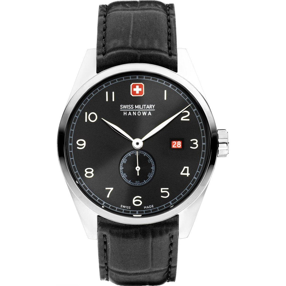 Swiss Military Hanowa Herrenarmbanduhr mit schwarzem Zifferblatt und schwarzem Lederband