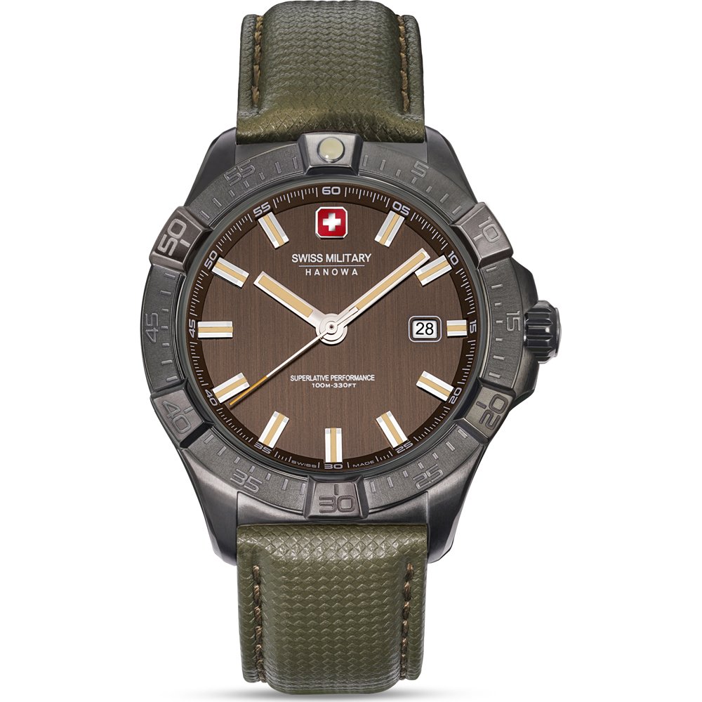Herrenuhr mit rundem dunkelgrauem Gehäuse, braunem Zifferblatt und grünem Lederband