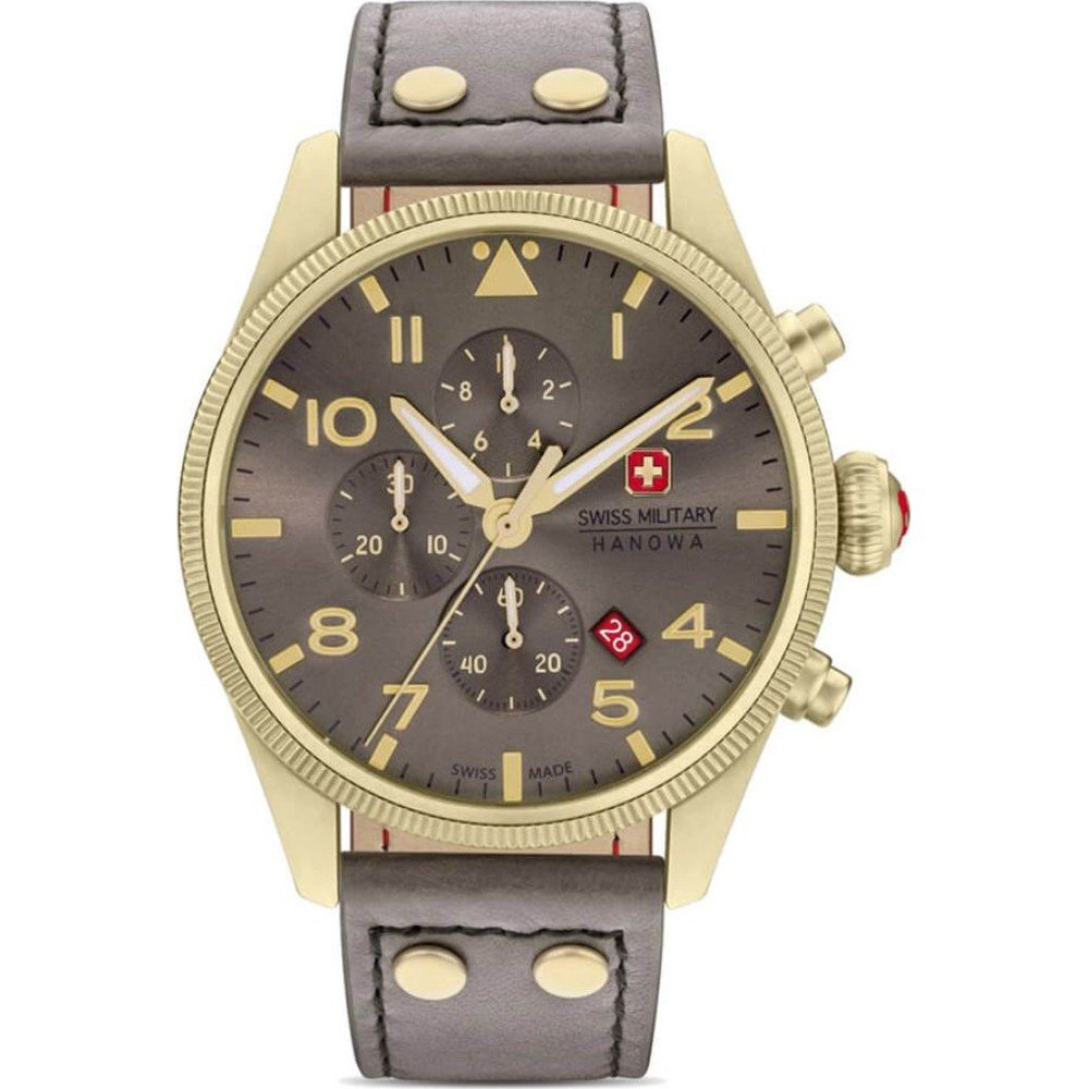 Herren-Chronograph mit goldfarbenem Gehäuse, dunkelgrauem Zifferblatt und grauem Lederarmband