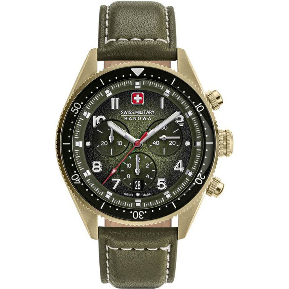 Herrenarmbanduhr Swiss Military Hanowa mit grünem Lederband, schwarzem Chrono, Goldgehäuse