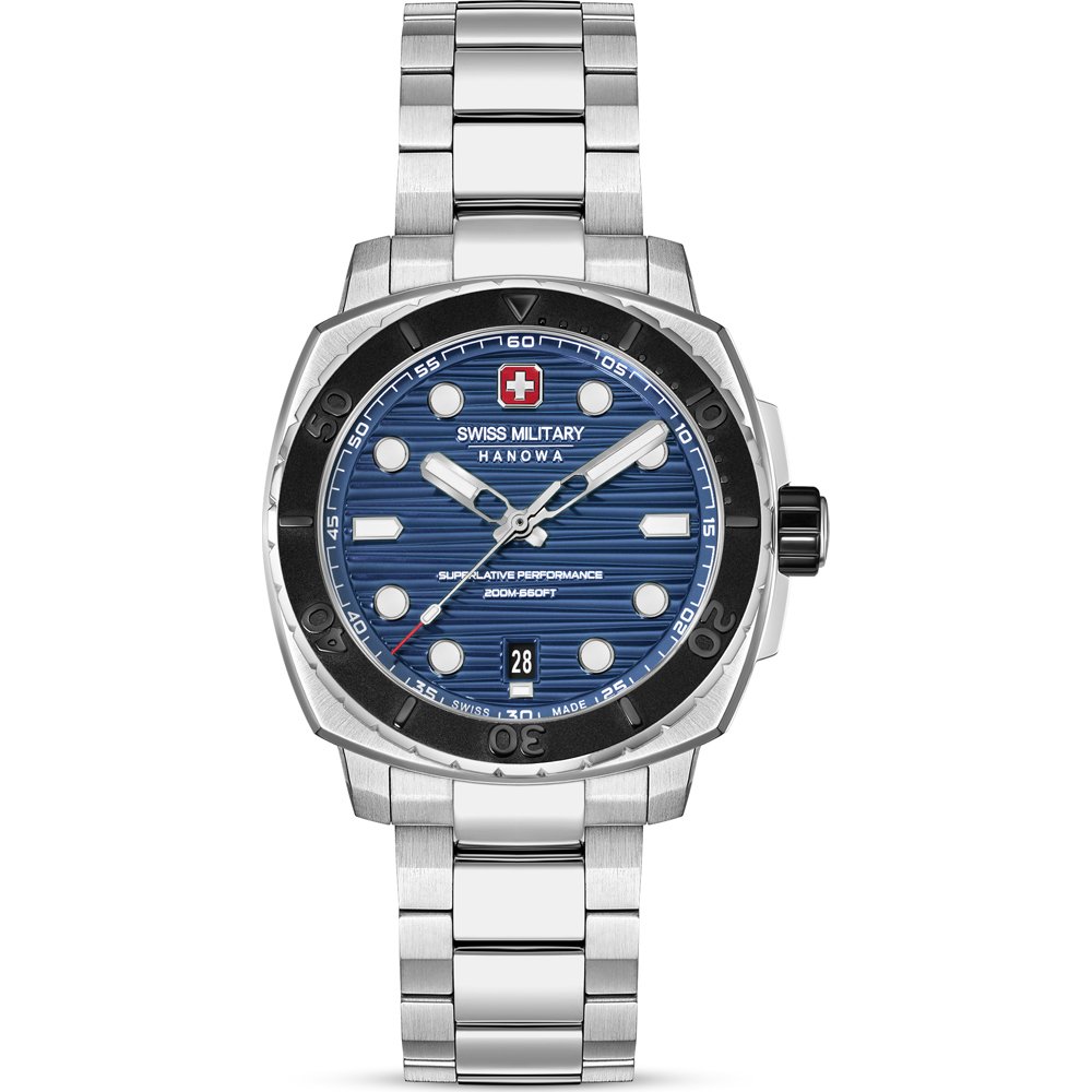Swiss Military Hanowa Herrenarmbanduhr mit blauem Zifferblatt, Edelstahlband und Datumsanzeige