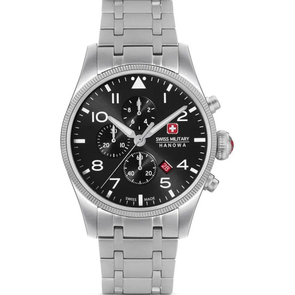 Swiss Military Hanowa Herren-Chronograph: schwarzes Zifferblatt, Edelstahlarmband