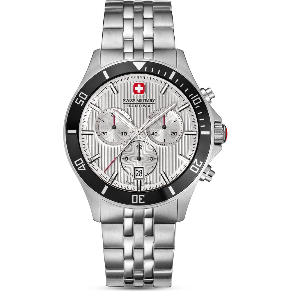 Herren-Chronograph Swiss Military Hanowa mit Edelstahlband, silbernem Zifferblatt und Datumsfenster