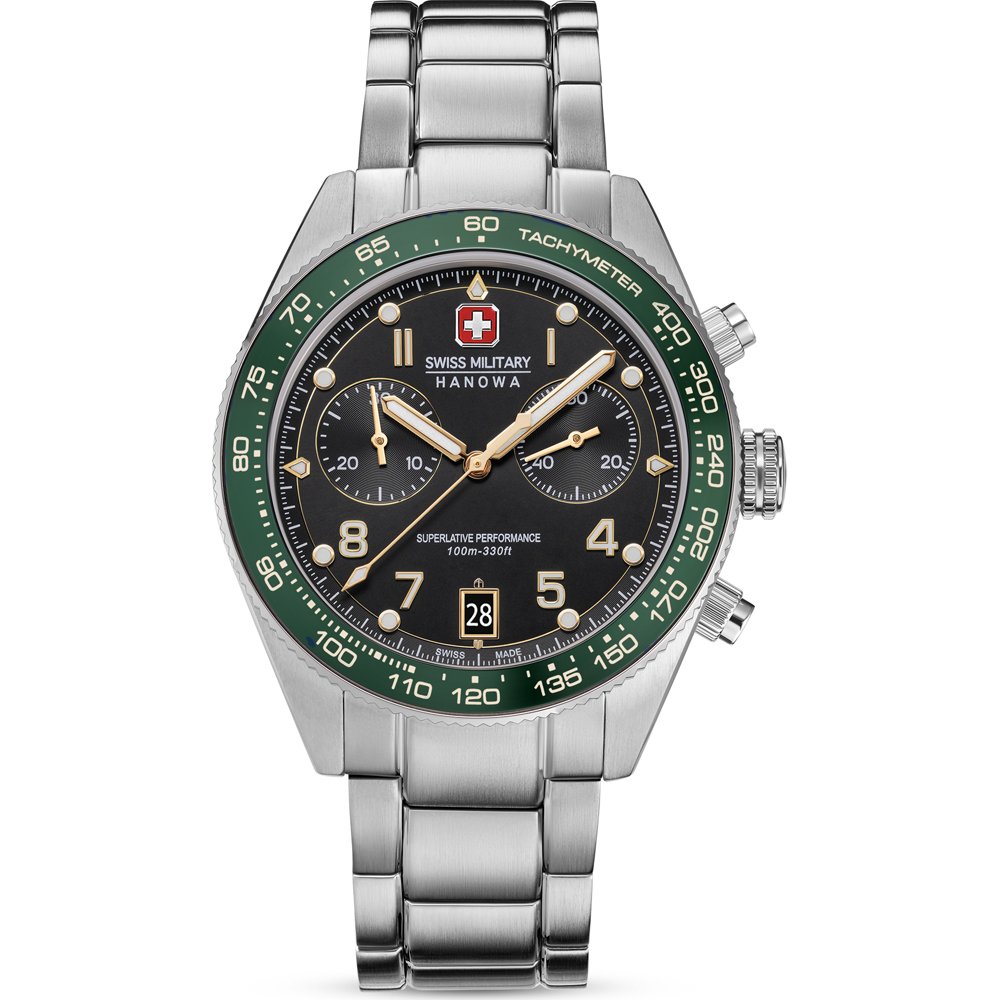 Herren-Armbanduhr Swiss Military Hanowa mit Metallarmband, grünem Zifferblatt und Chronograf.