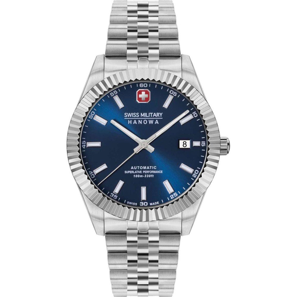 Swiss Military Hanowa Armbanduhr mit blauem Zifferblatt, Edelstahlband und Datumsanzeige