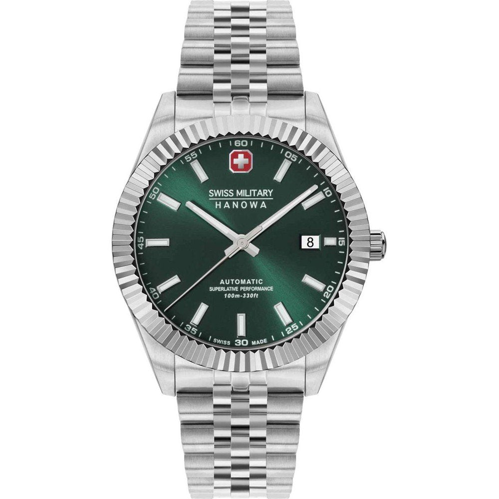 Herrenuhr mit grünem Zifferblatt, silbernem Metallarmband und Datumsanzeige bei 8