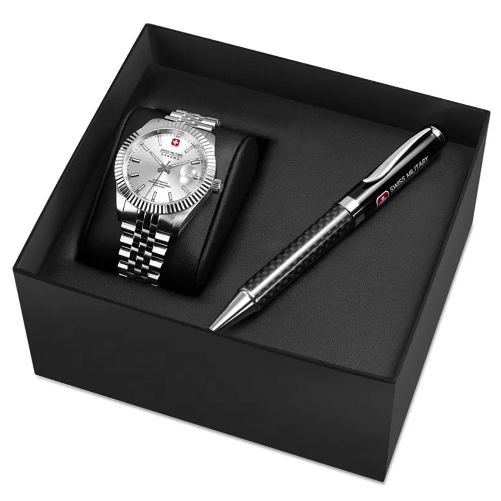 Herrenuhr mit Metallband in Geschenkbox, inkl. Kugelschreiber