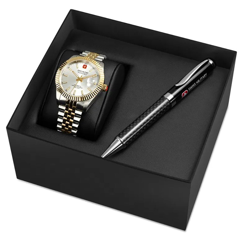 Herren-Uhrenset mit zweifarbigem Metallarmband und Kugelschreiber im Etui