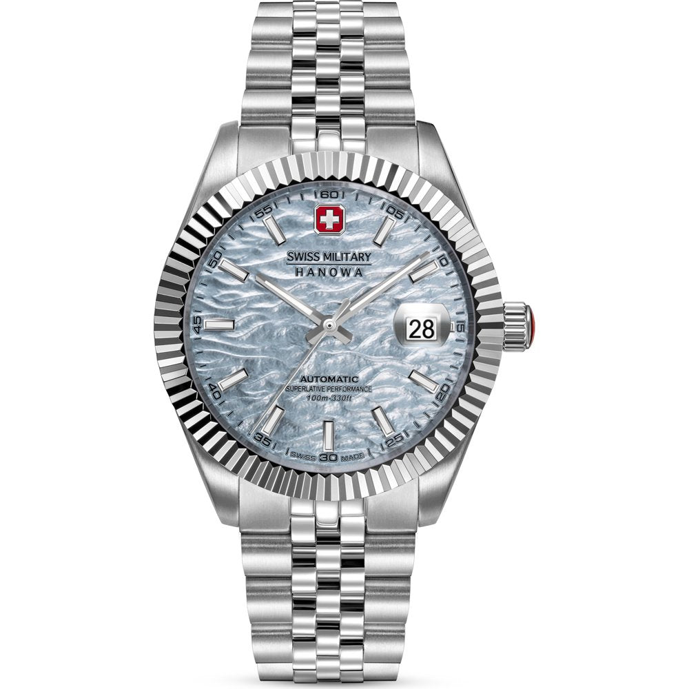 Herrenarmbanduhr aus Edelstahl mit silberfarbenem Band, blauem Zifferblatt und Datumsanzeige