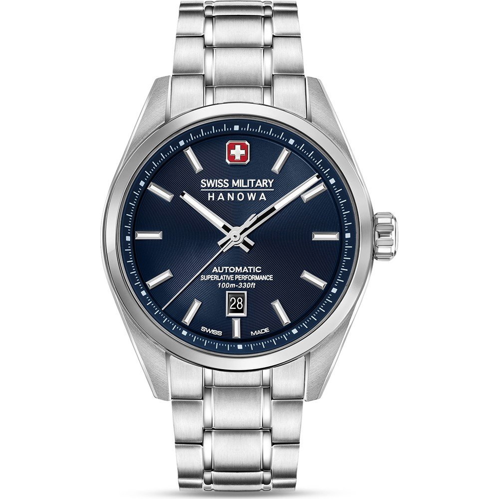 Herrenarmbanduhr SWISS MILITARY HANOWA mit blauem Zifferblatt, Edelstahlgehäuse und Armband, Datum