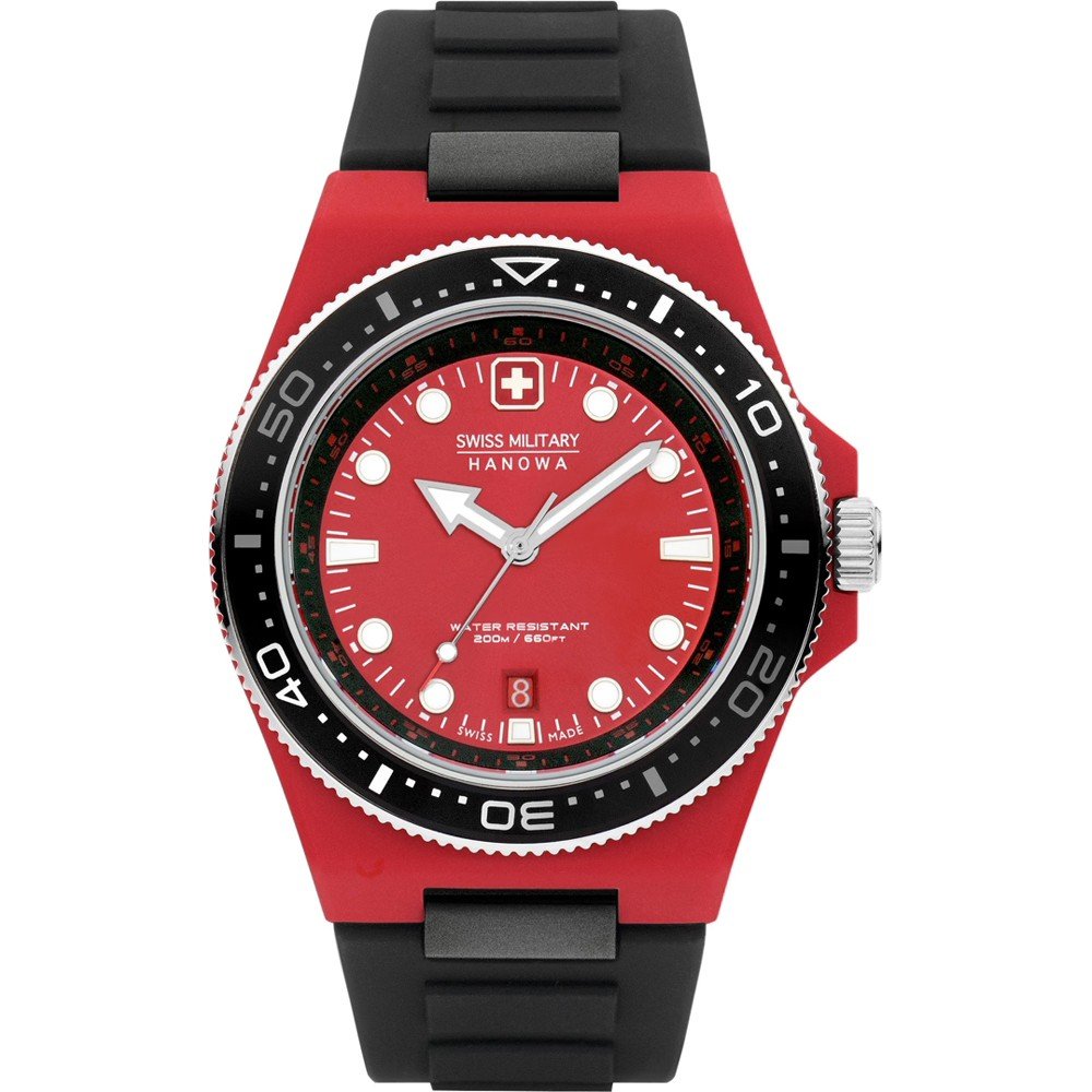 Herren-Taucheruhr mit rotem Zifferblatt, schwarzer Lünette und schwarzem Silikonarmband