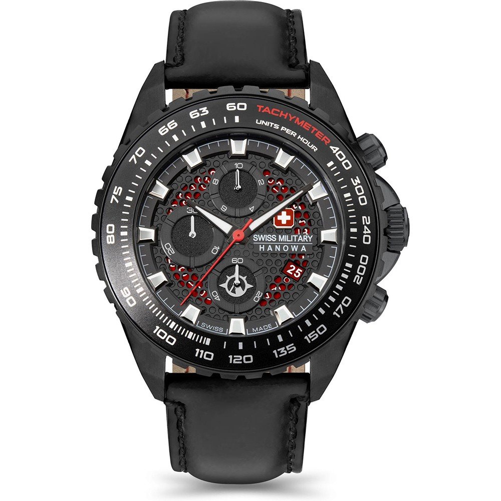 Herren-Chronograph: schwarzes Lederarmband, schwarzes Zifferblatt mit Tachymeter