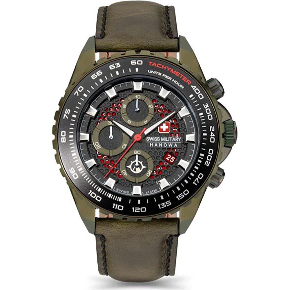 Swiss Military Hanowa Land Armbanduhr mit olivbraunem Lederband, rundem Tachymeter-Dial