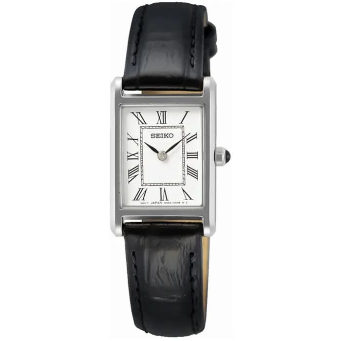 Seiko Damenuhr: Edelstahlgehäuse, schwarzes Lederarmband, weißes Zifferblatt mit römischen Ziffern