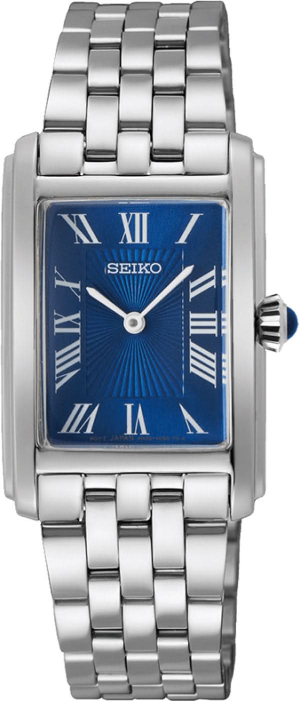 Montre pour femme avec cadran bleu et chiffres romains, bracelet en acier inoxydable argenté, boîtier rectangulaire