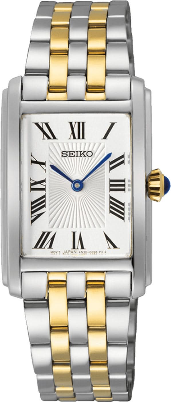 Montre femme avec cadran rectangulaire, chiffres romains, aiguille bleue, bracelet en acier inoxydable doré