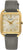 Montre pour femme avec boîtier rectangulaire doré, cadran blanc et bracelet en cuir gris.