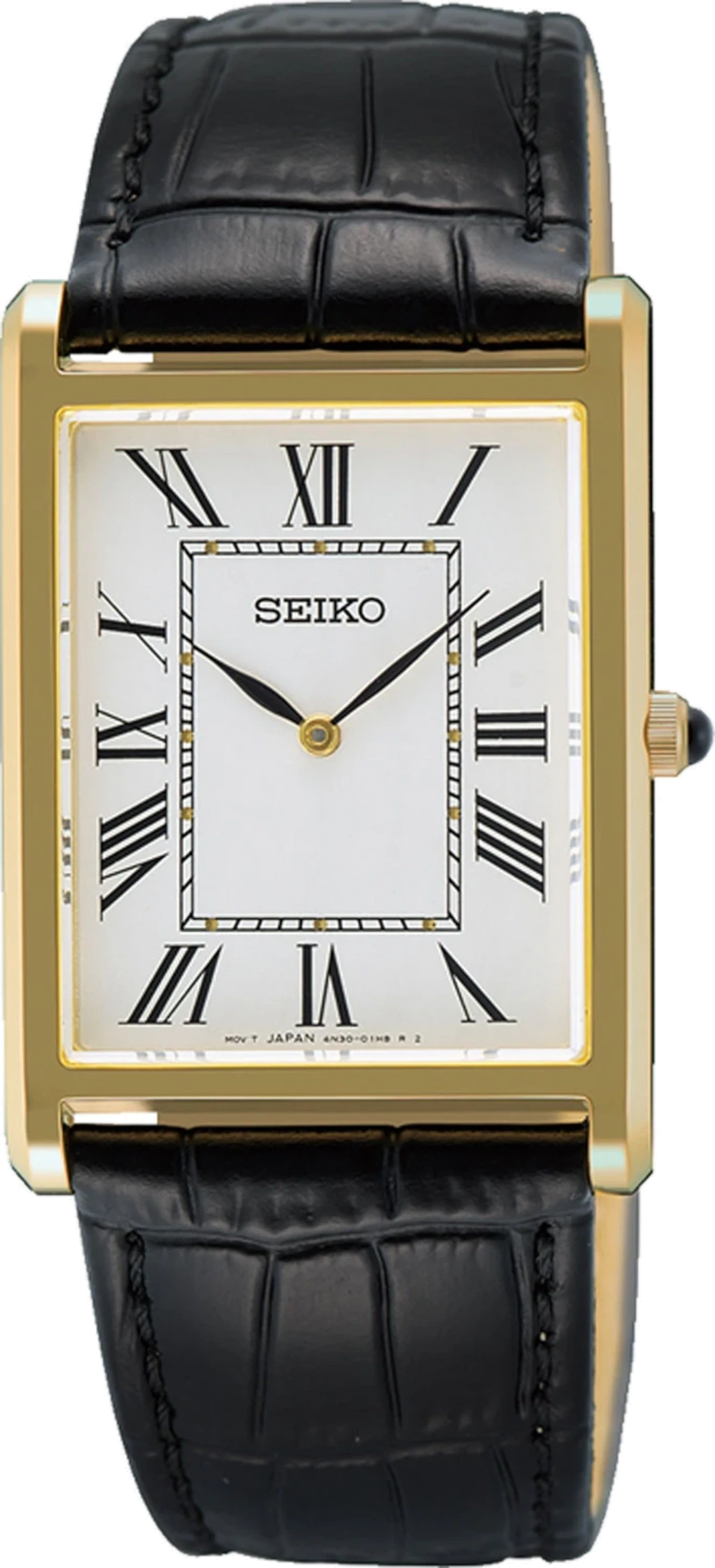 Montre pour femme dorée avec bracelet en cuir noir, cadran carré à chiffres romains