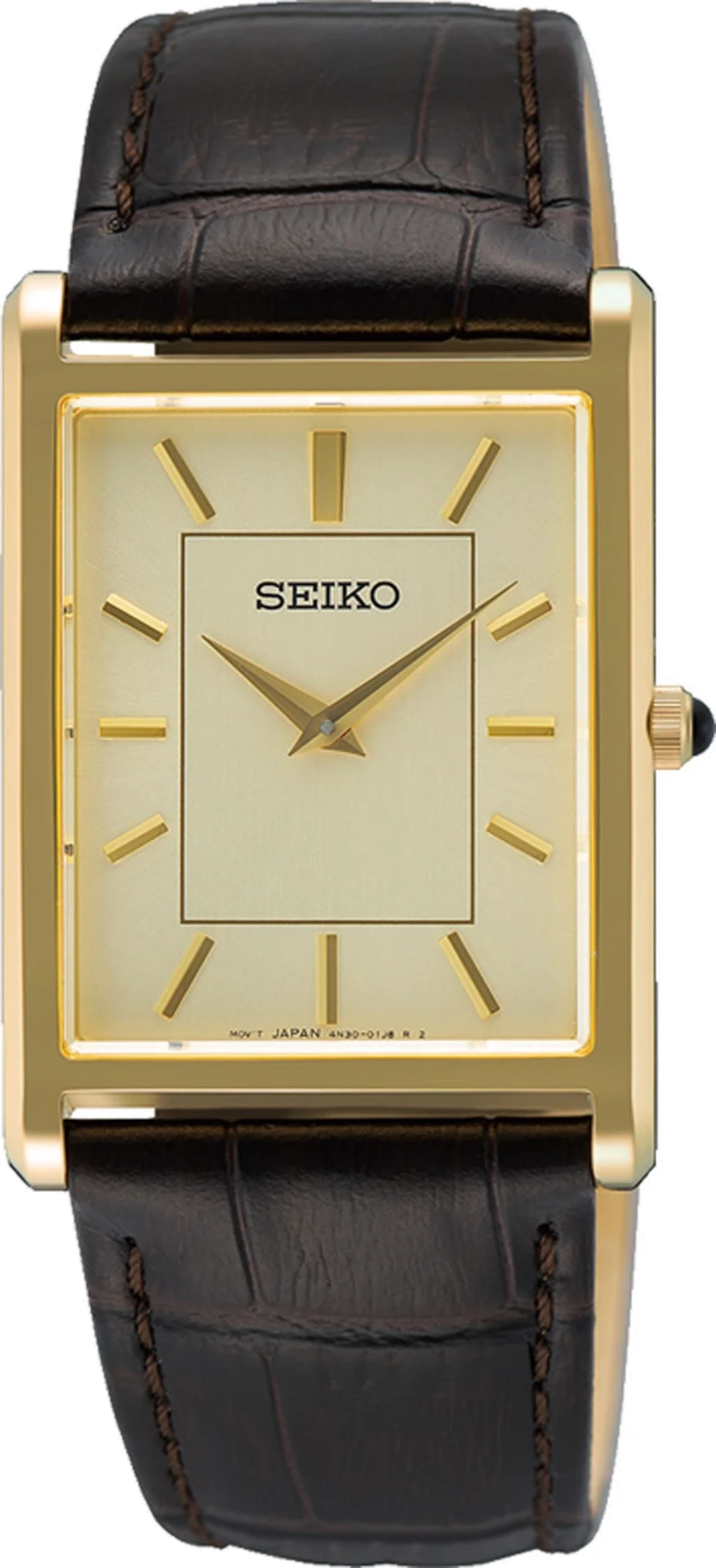 Montre pour femme avec boîtier doré, cadran beige et bracelet en cuir noir, Seiko