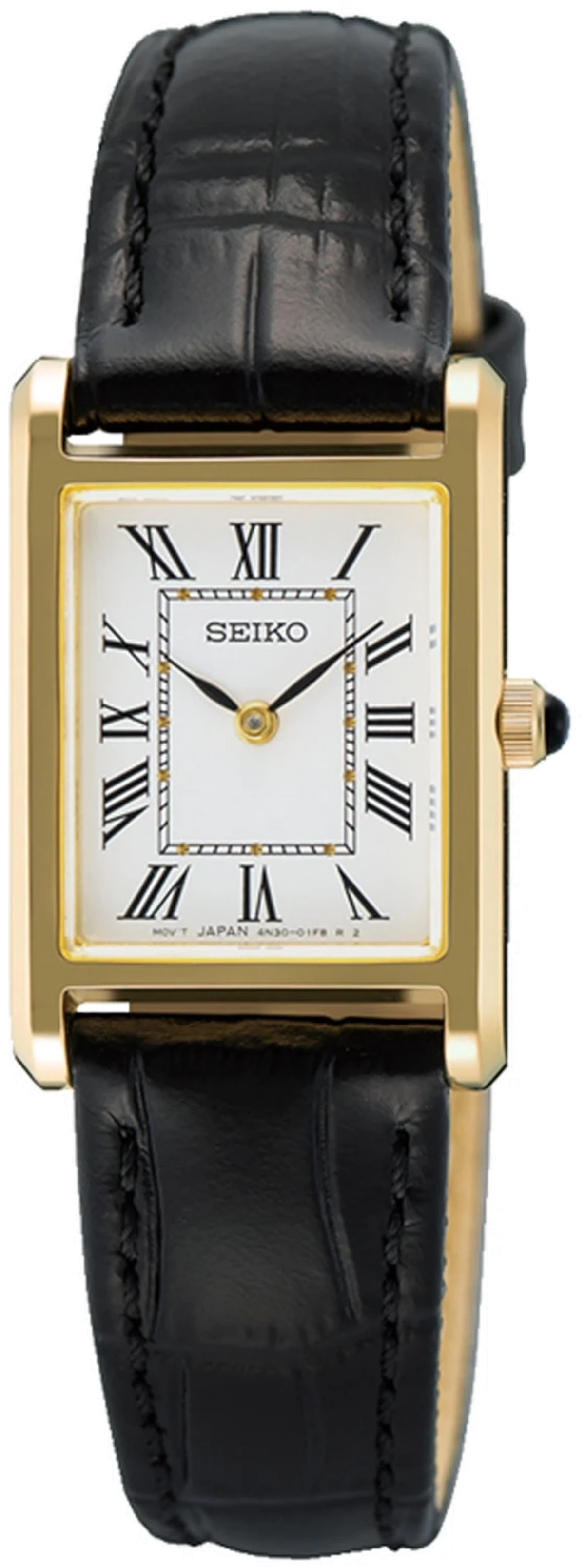 Montre pour femme avec bracelet en cuir noir, boîtier doré et cadran blanc avec chiffres romains