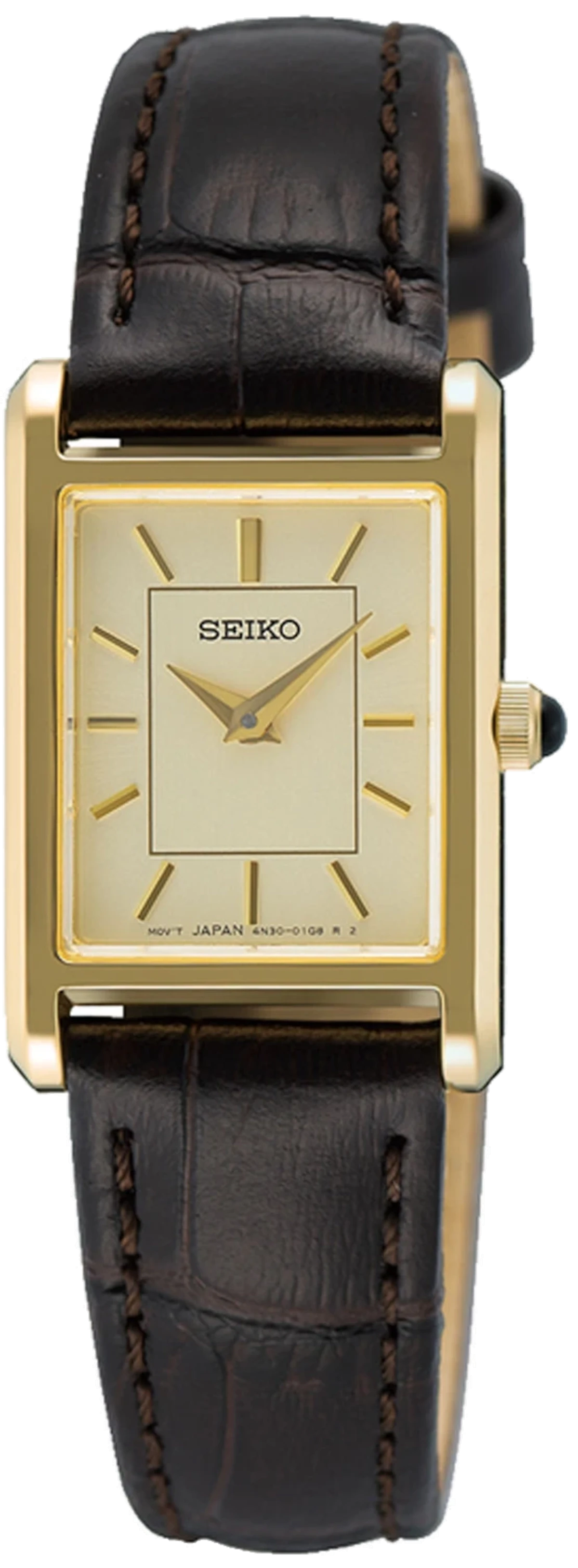 Montre Seiko pour femme avec bracelet en cuir noir, boîtier doré et cadran rectangulaire.